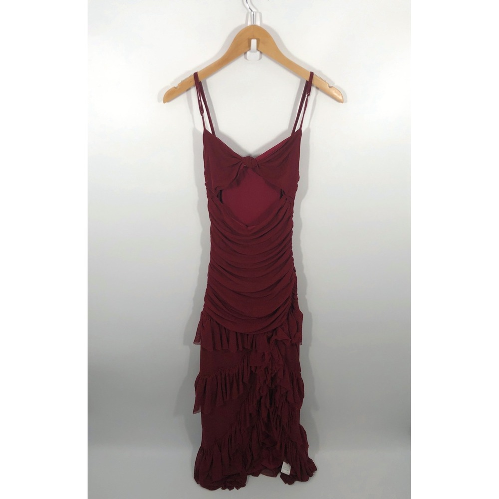 SHEIN Maxi Dress Womens XS Red Asymmetrical Ruffle Slit Whimsigoth Romantic